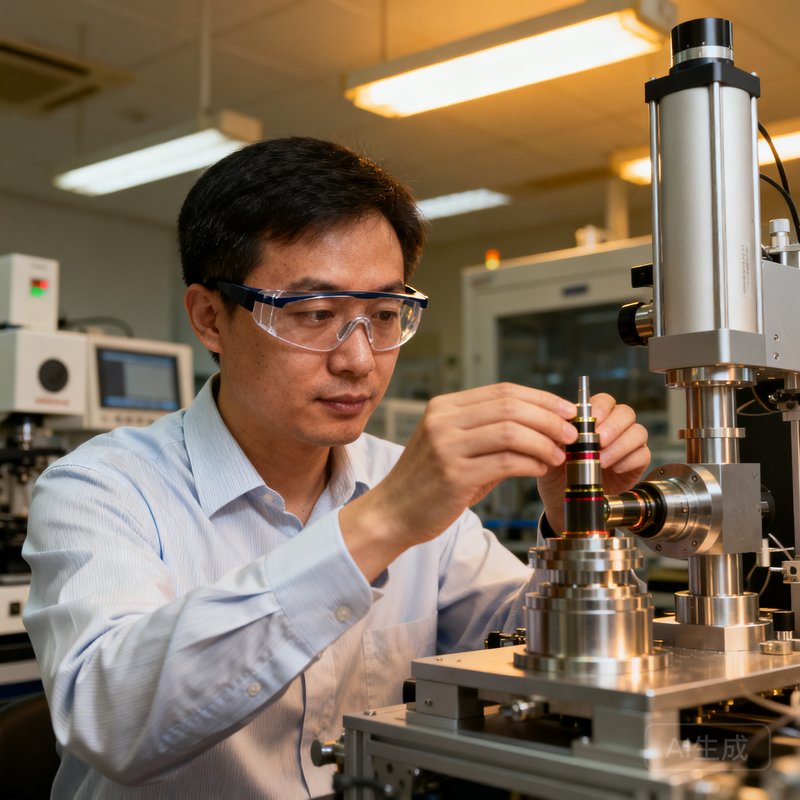 银河集团首席技术官李思远博士在实验室中工作的半身照，他佩戴护目镜正在调试一台精密光学设备，神情专注